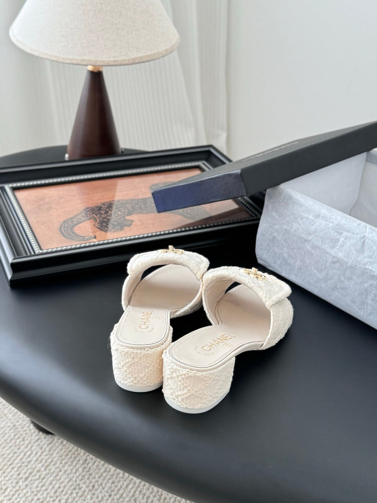 Chanel Women Cream Tweed Slides
