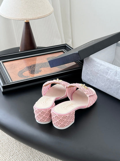 Chanel Women Pink Woven Leather Slides