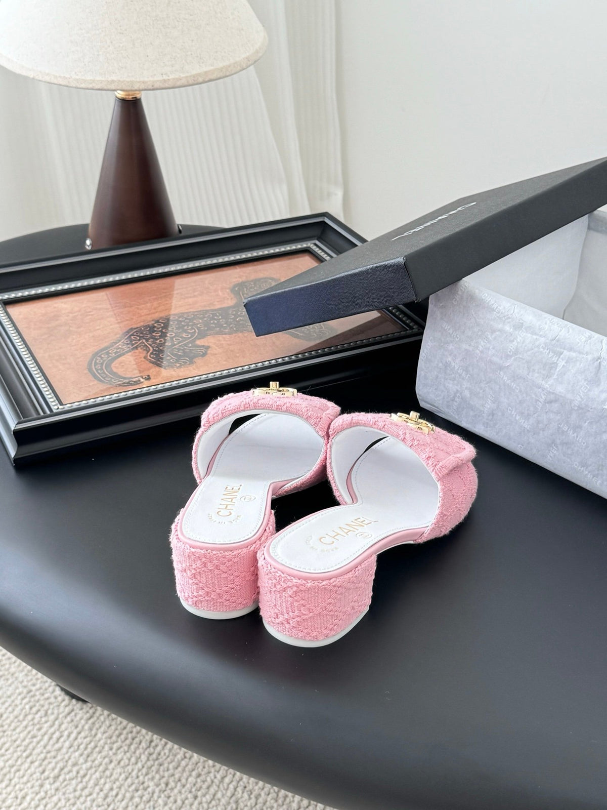 Chanel Women Pink Tweed Slides