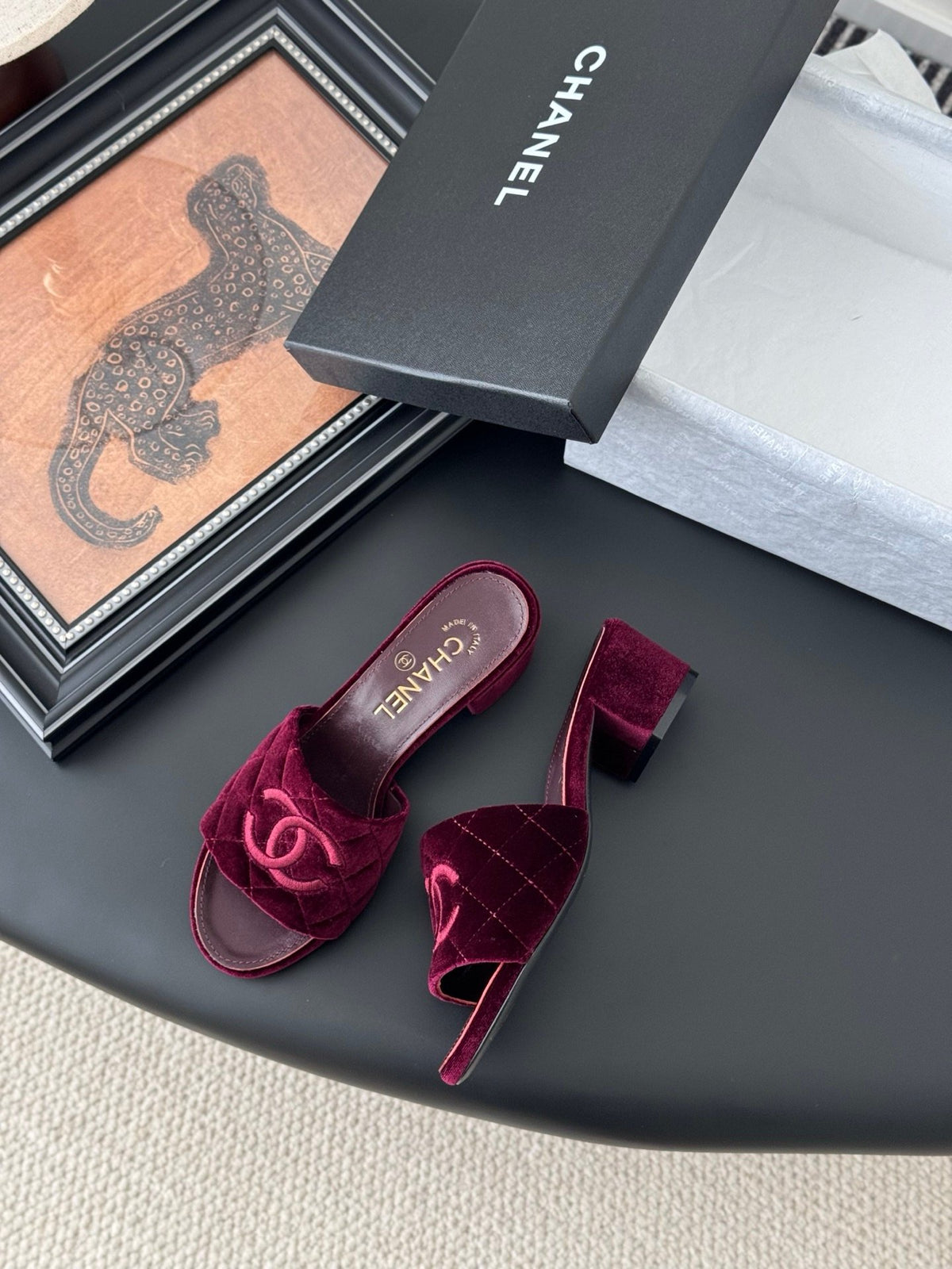Chanel Women Burgundy Velvet Slide Sandals
