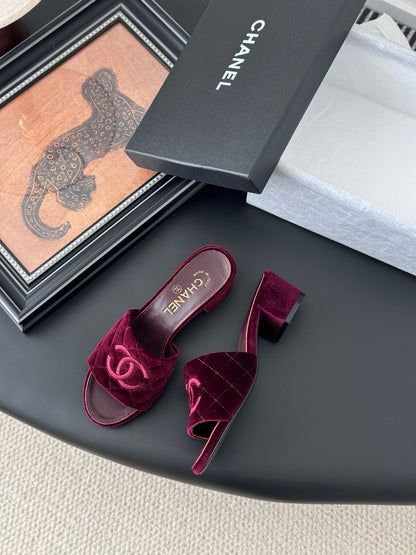 Chanel Women Burgundy Velvet Slide Sandals