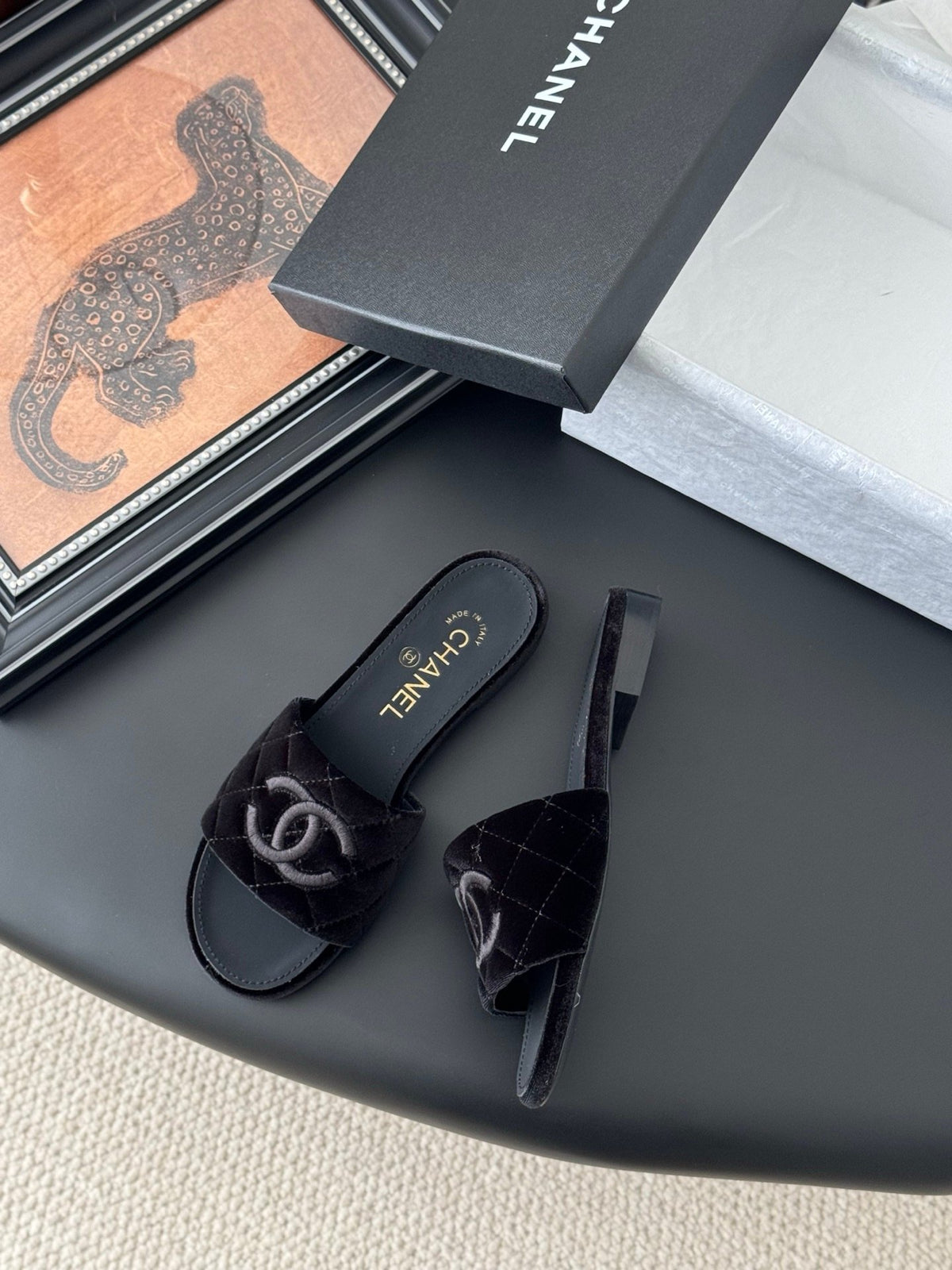 Chanel Women Black Velvet Quilted Slides