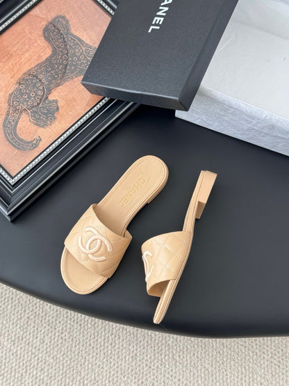 Chanel Women Beige Quilted Leather Slides