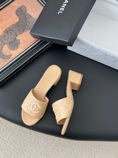 Chanel Women Beige Leather Quilted Slides