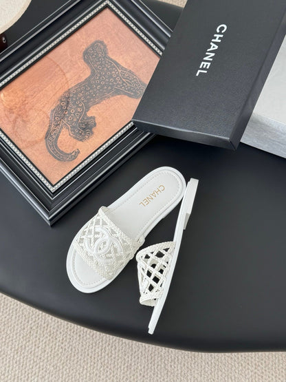 Chanel Women White Woven Leather Slides