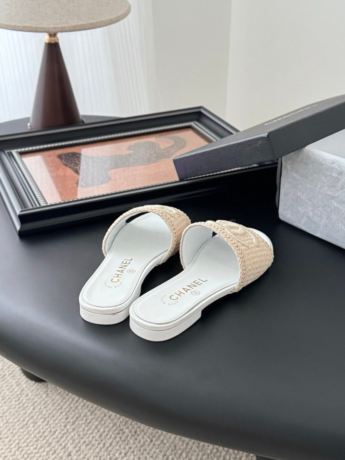 Chanel Women Beige Woven Fabric Slides