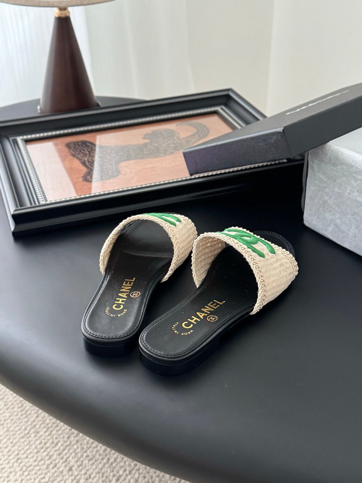 Chanel Women Beige Fabric Green Logo Slides