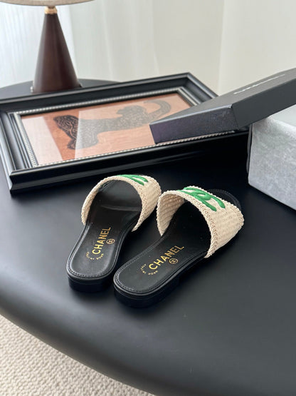 Chanel Women Beige Fabric Green Logo Slides