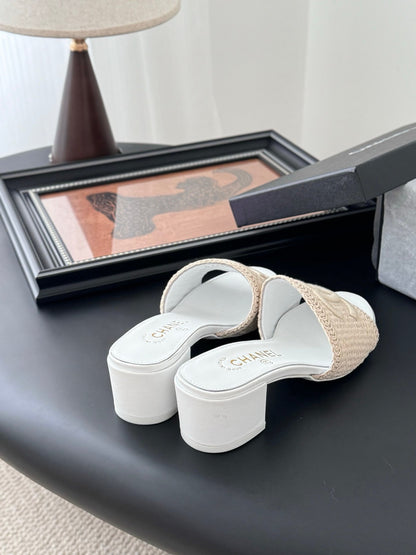 Chanel Women Beige Woven Fabric Slides