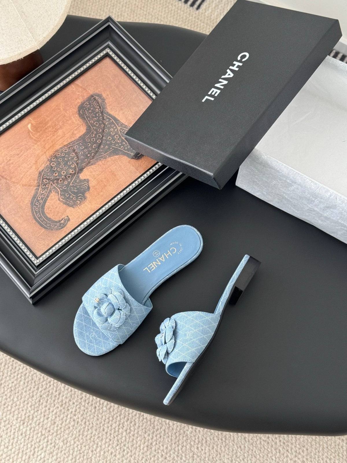 Chanel Women Light Blue Fabric Slides