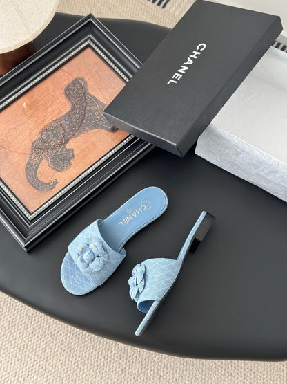 Chanel Women Light Blue Fabric Slides