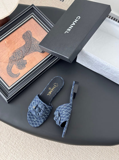 Chanel Women Blue Denim Mules Flats