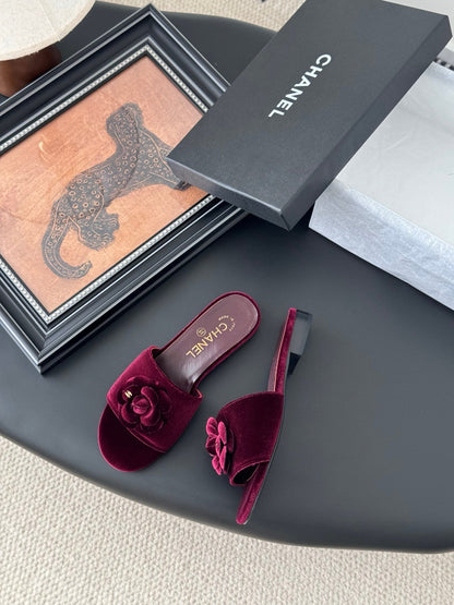 Chanel Women Burgundy Velvet Slides