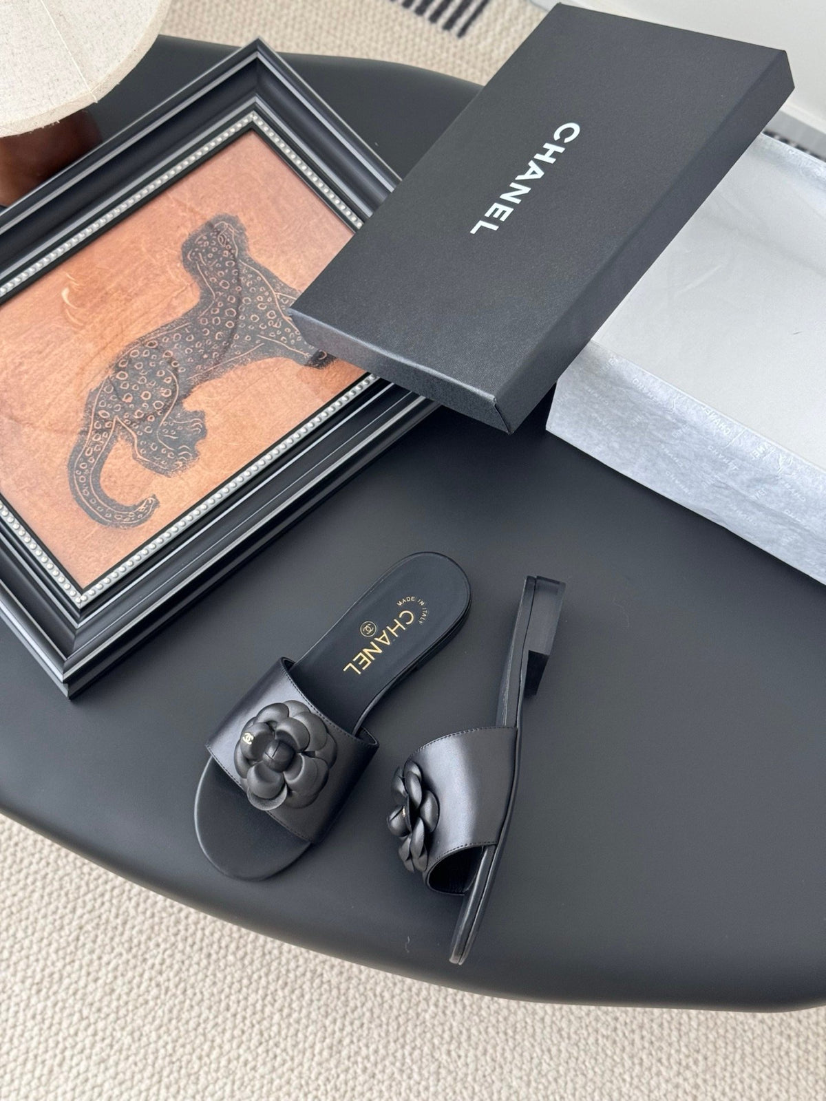 Chanel Women Black Leather Flower Detail Slides