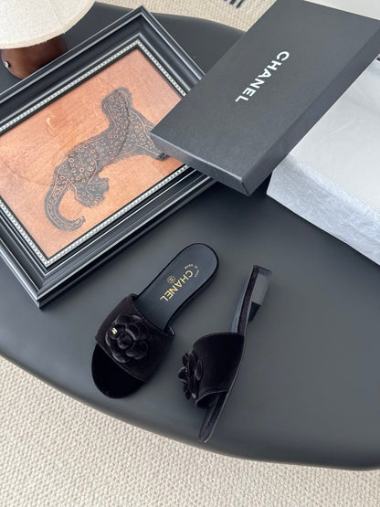 Chanel Women Black Velvet Flower Embellished Slides