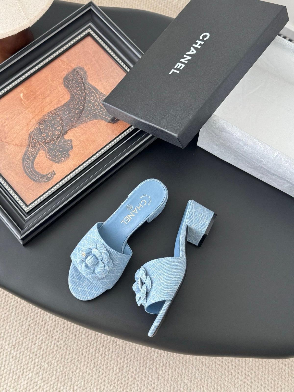 Chanel Women Light Blue Fabric Floral Slide Sandals