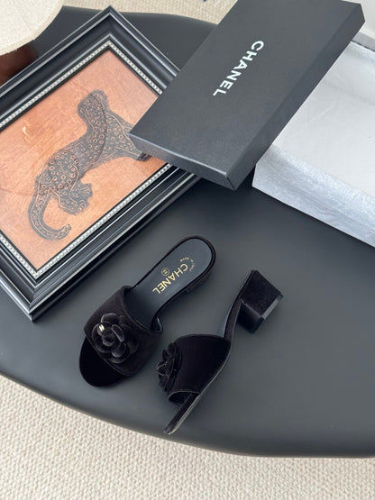 Chanel Women Black Velvet Flower Embellished Mules