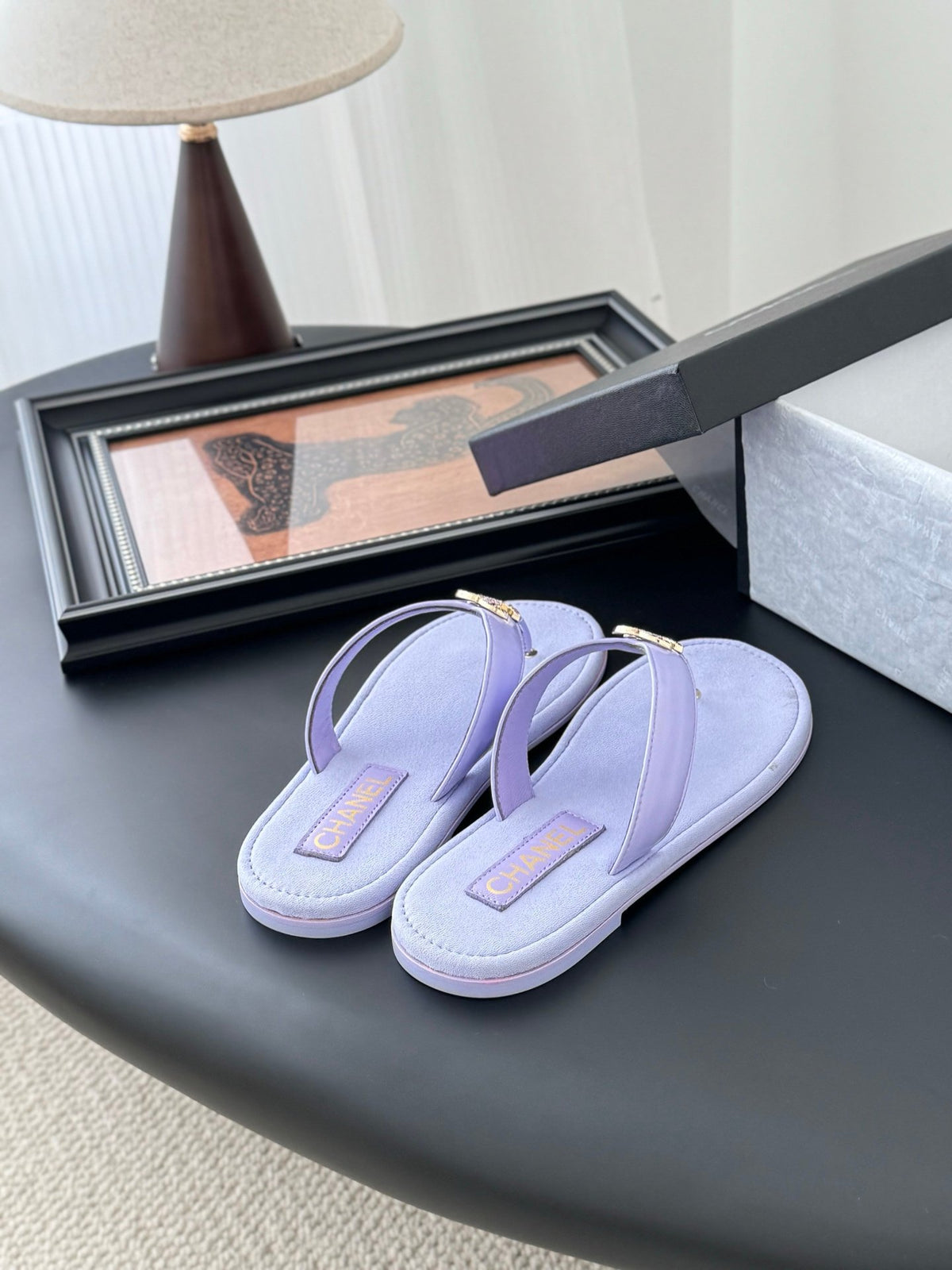 Chanel Women Light Purple Leather Slides