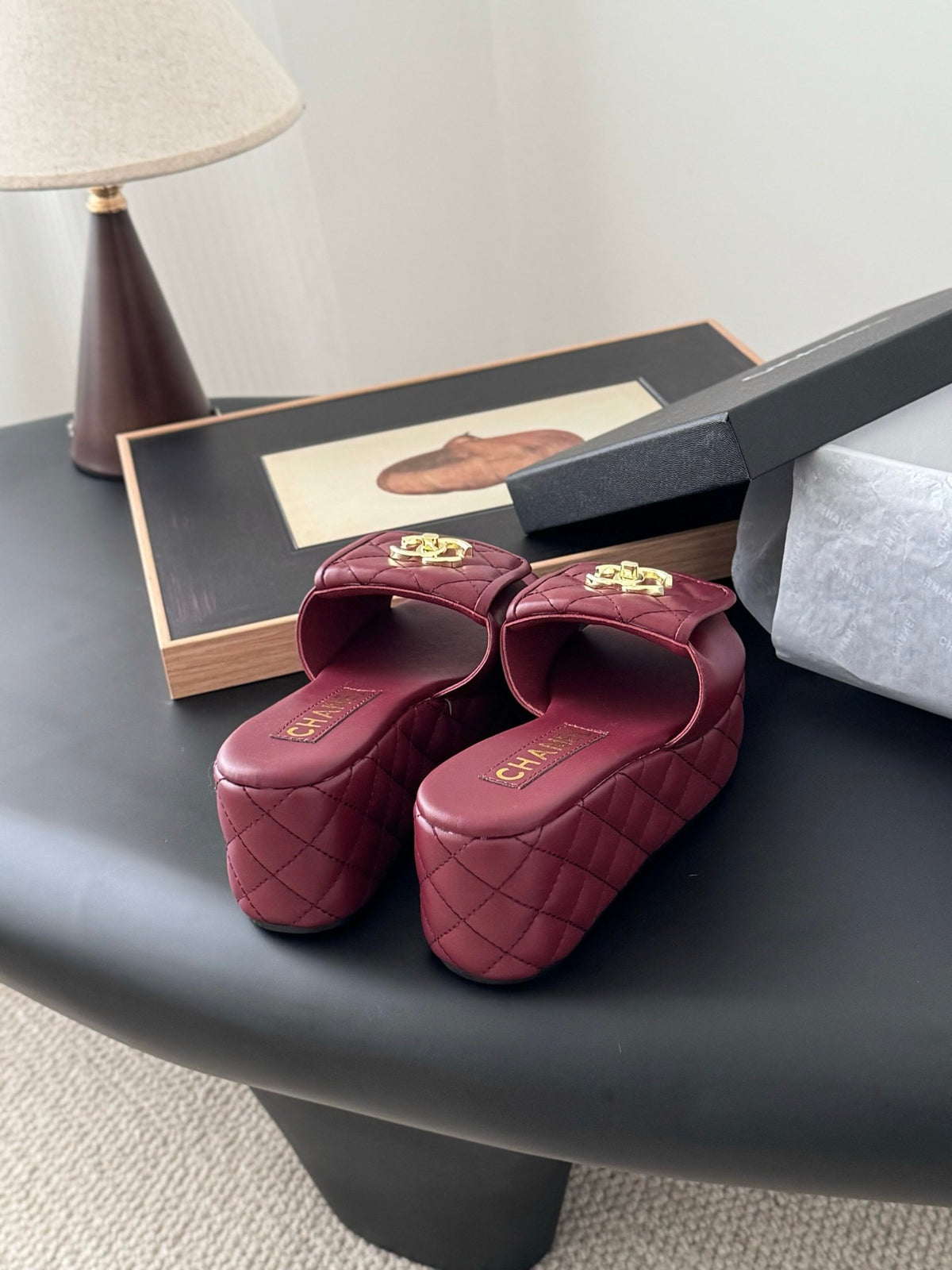 Chanel Women Burgundy Quilted Leather Slides