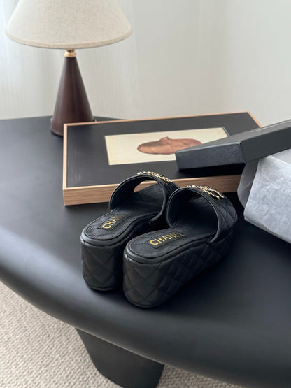 Chanel Women Black Leather Quilted Slides