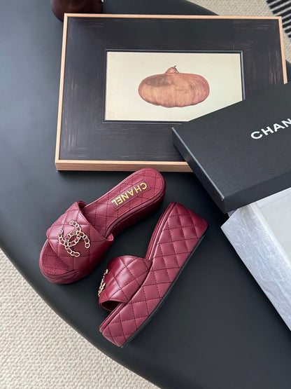 Chanel Women Burgundy Quilted Leather Slides