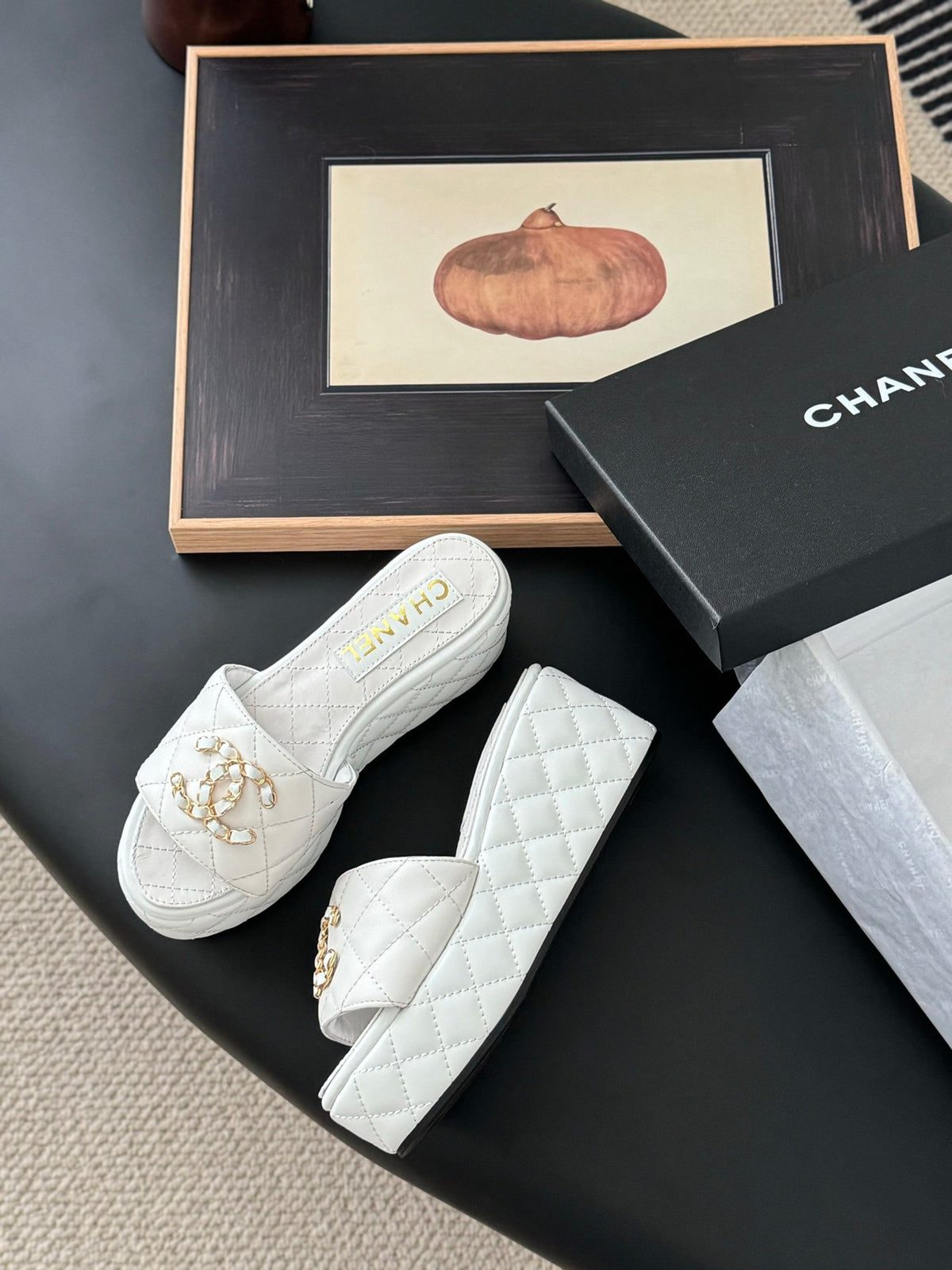 Chanel Women White Quilted Leather Slides