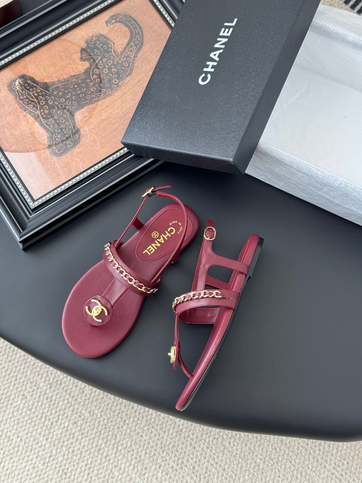 Chanel Women Burgundy Leather Sandals