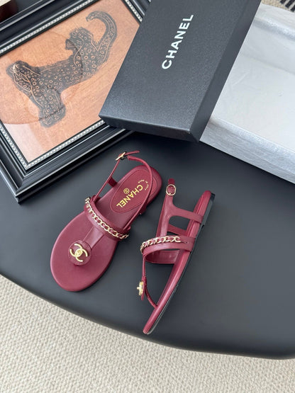 Chanel Women Burgundy Leather Sandals