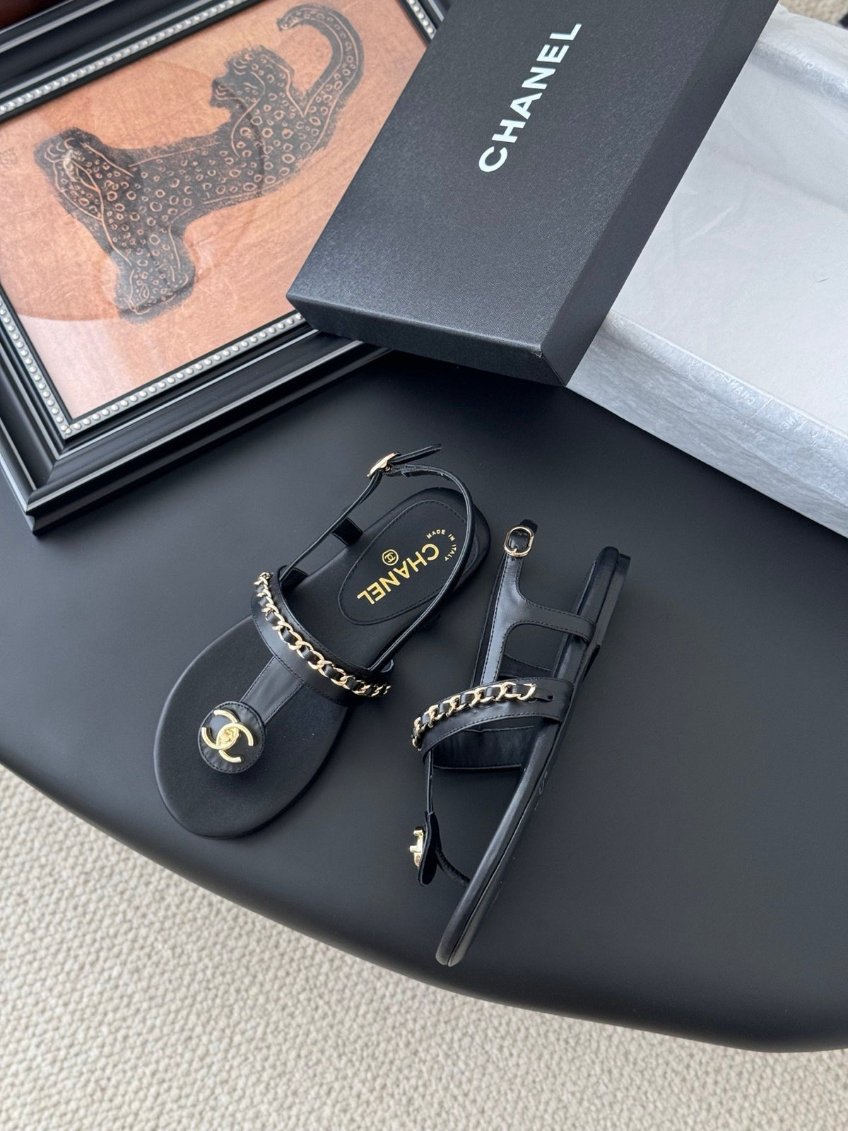 Chanel Women Black Leather Chain Detail Sandals