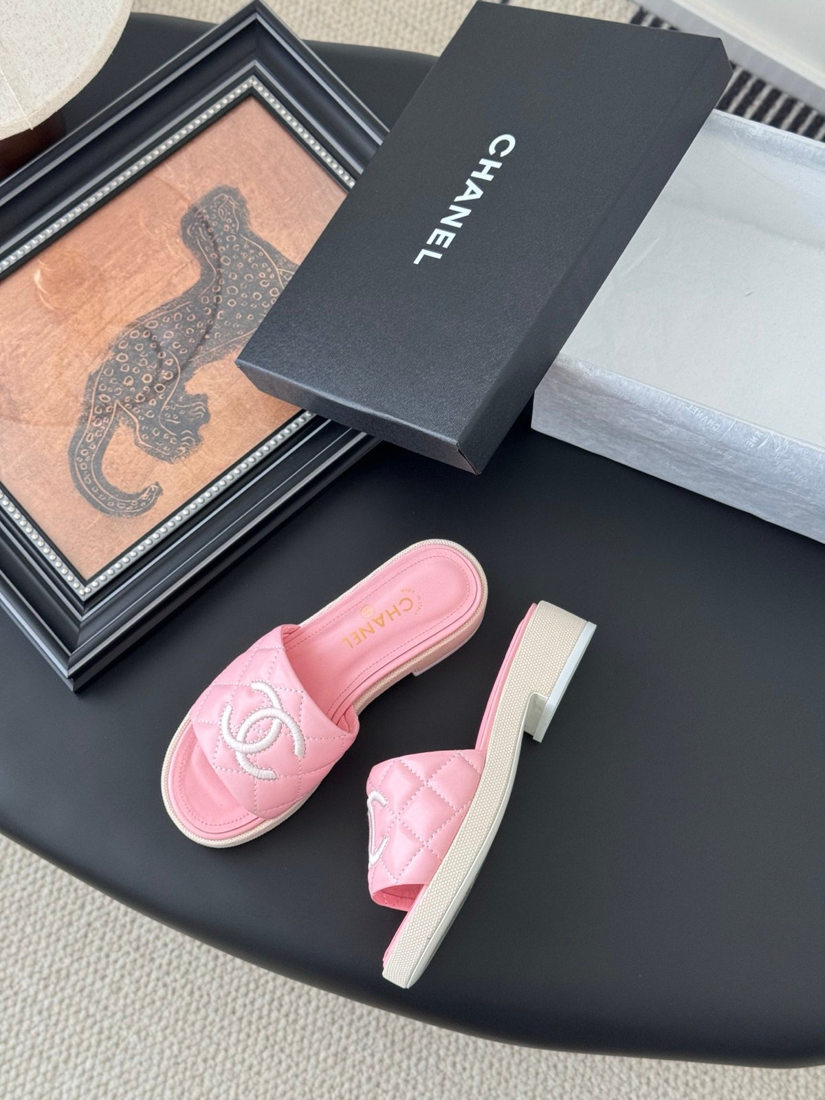 Chanel Women Pink Quilted Leather Slides