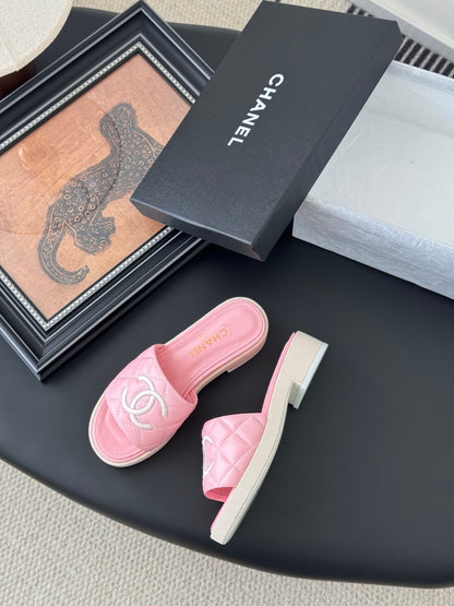 Chanel Women Pink Quilted Leather Slides