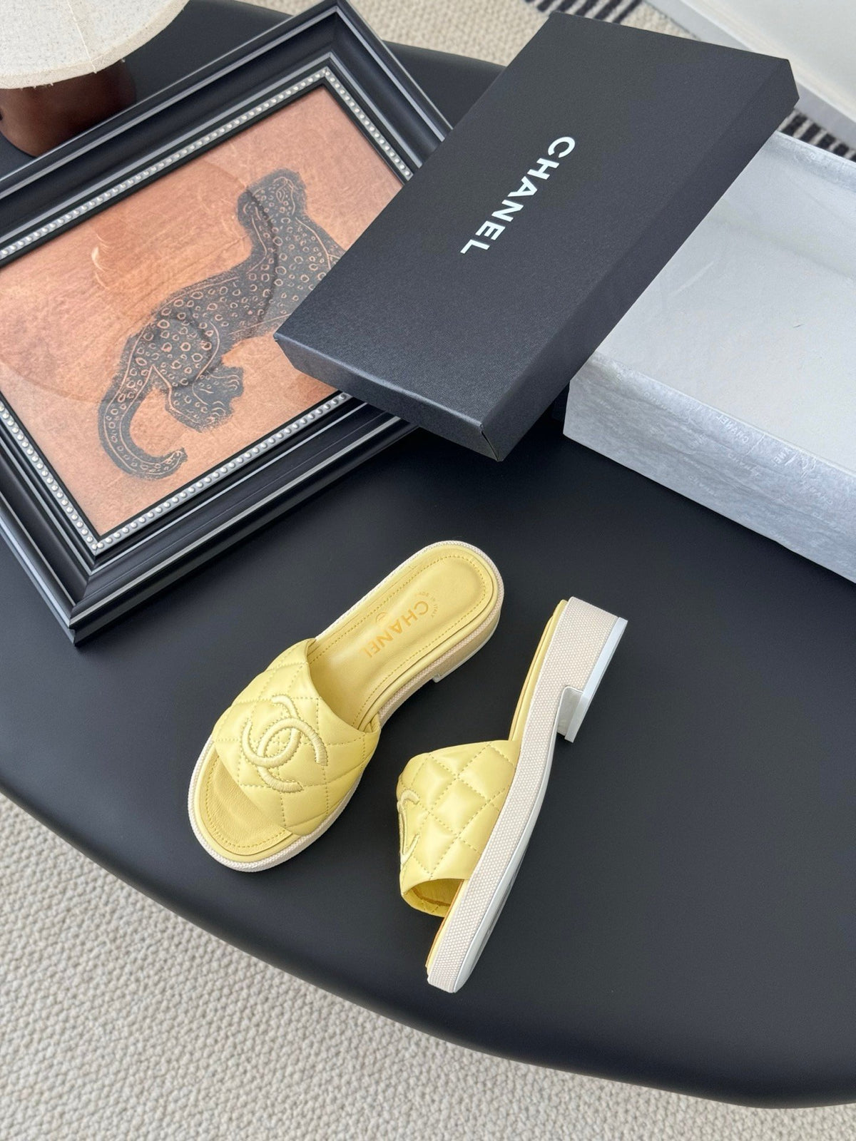 Chanel Women Yellow Quilted Leather Slides