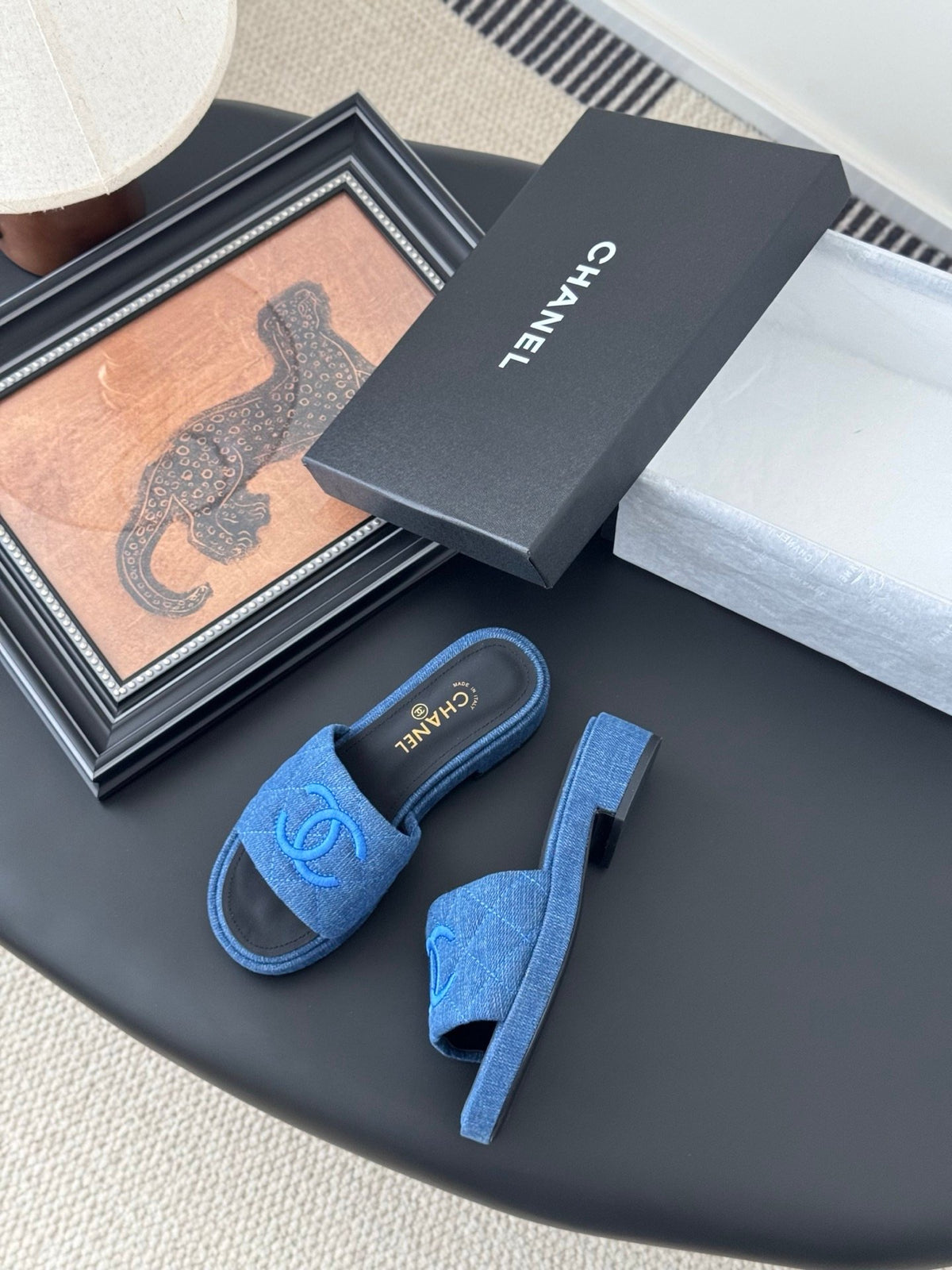 Chanel Women Blue Denim Slides