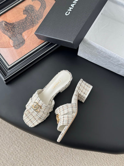 Chanel Women Cream Tweed Slides