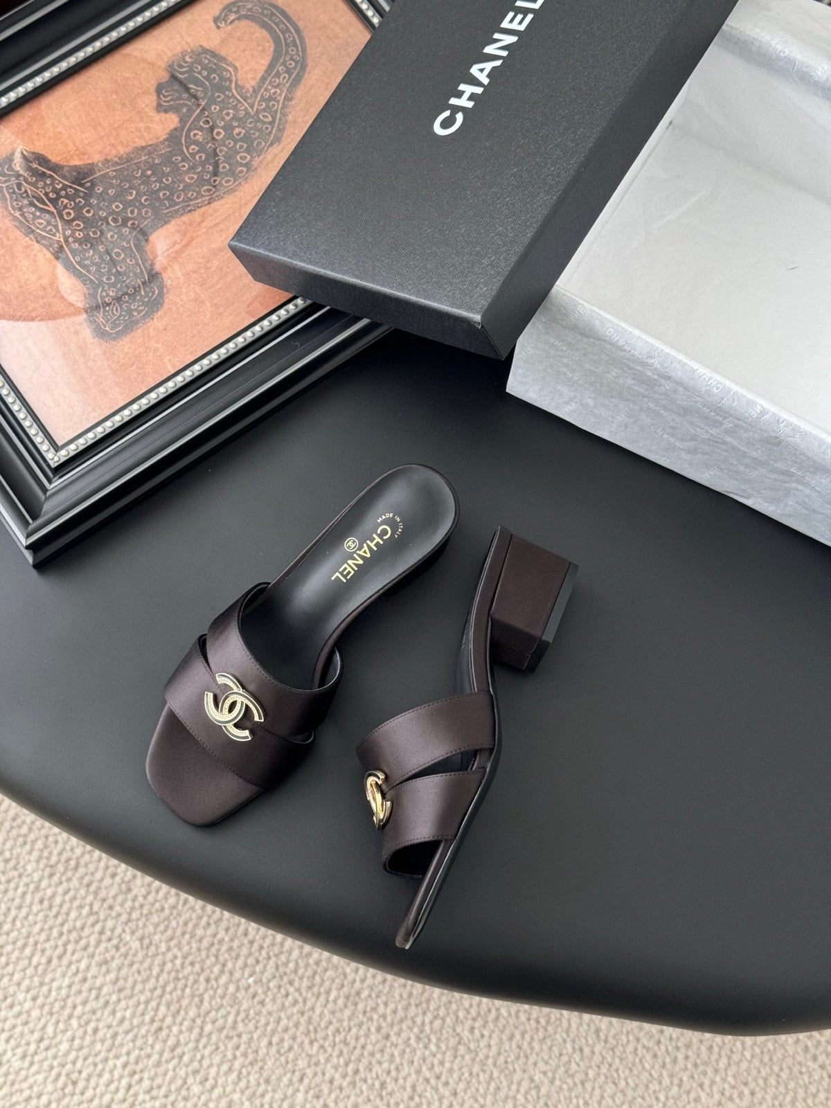 Chanel Women Dark Brown Satin Mules