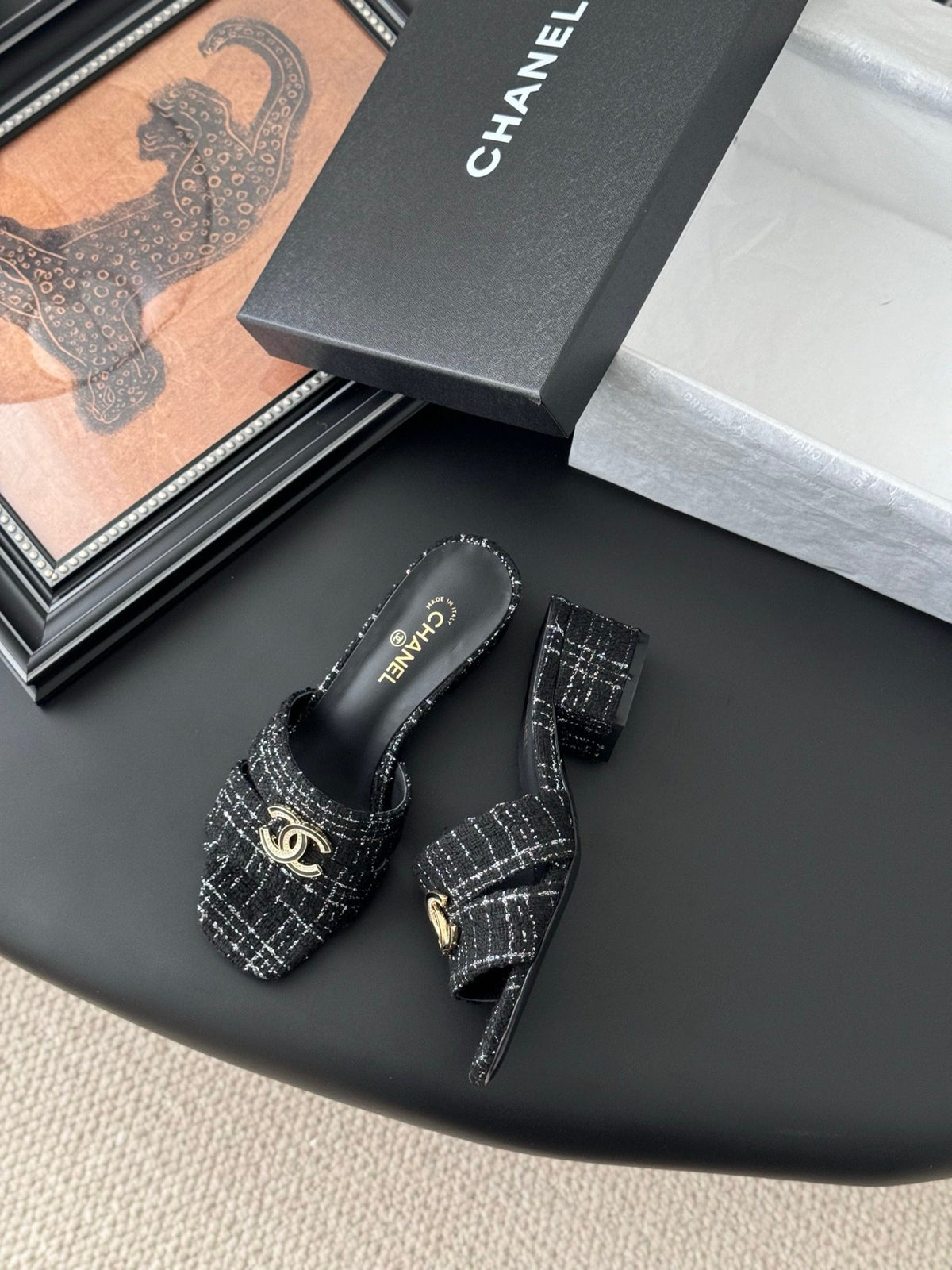 Chanel Women Black Tweed Mules