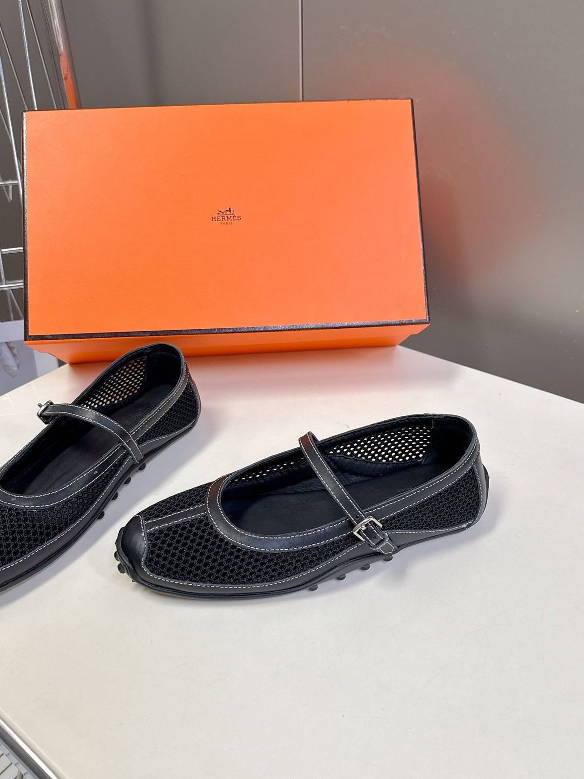 Hermes Women Black Mesh Leather Mary Janes