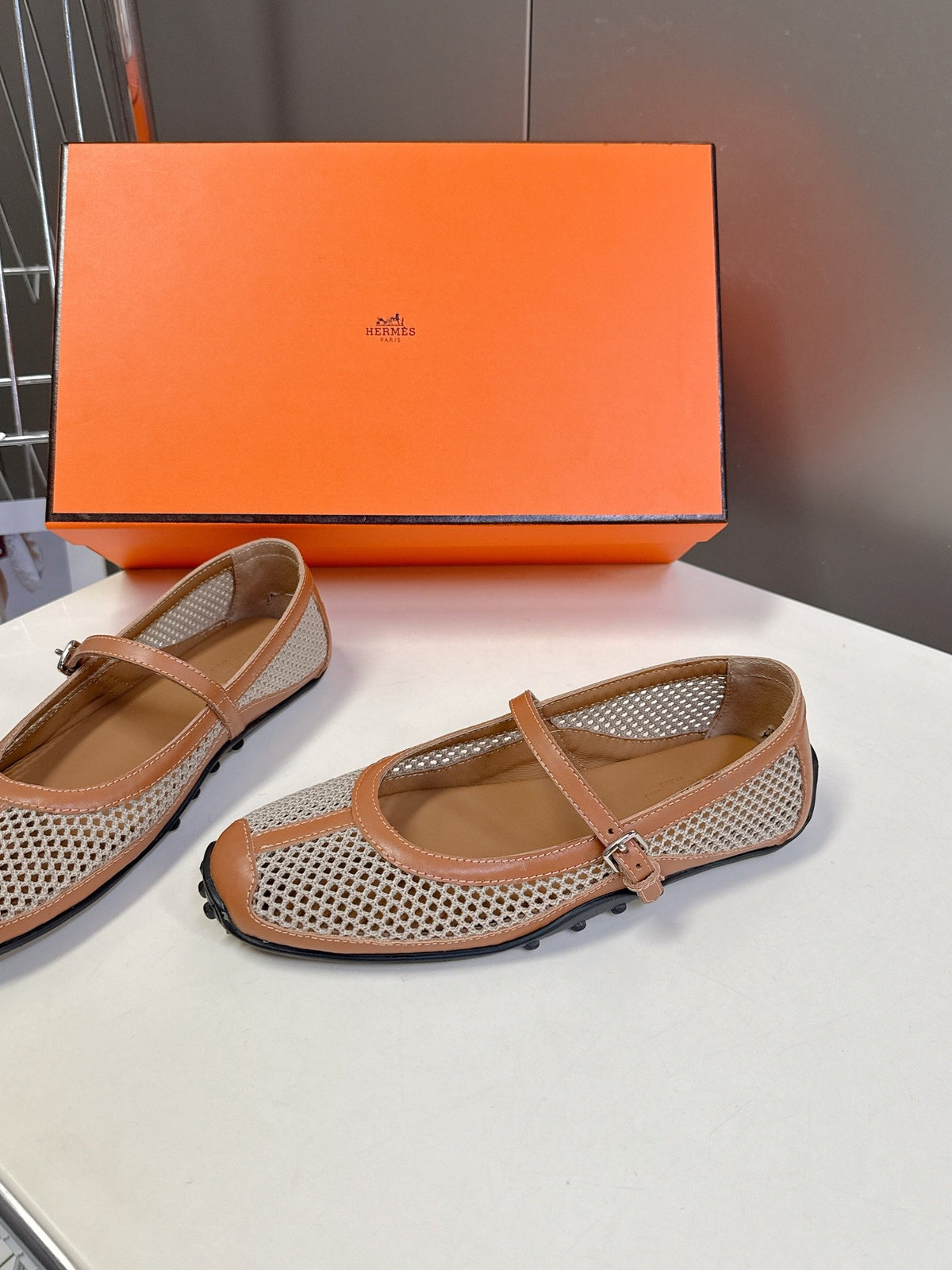 Hermes Women Beige Leather Mesh Mary Jane Flats