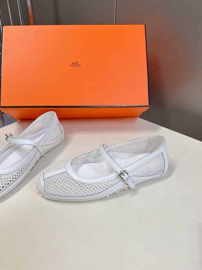 Hermes Women White Mesh Leather Mary Jane Flats