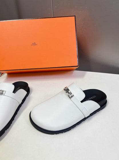 Hermes Women White Leather Mules