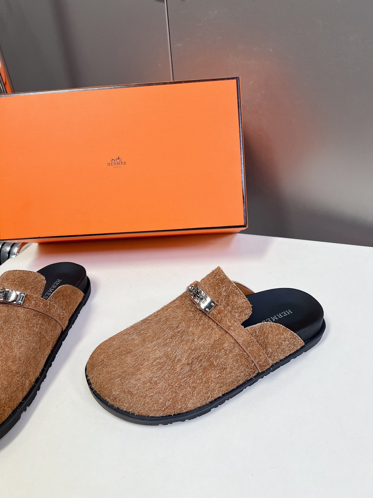 Hermes Women Brown Haircalf Leather Slippers