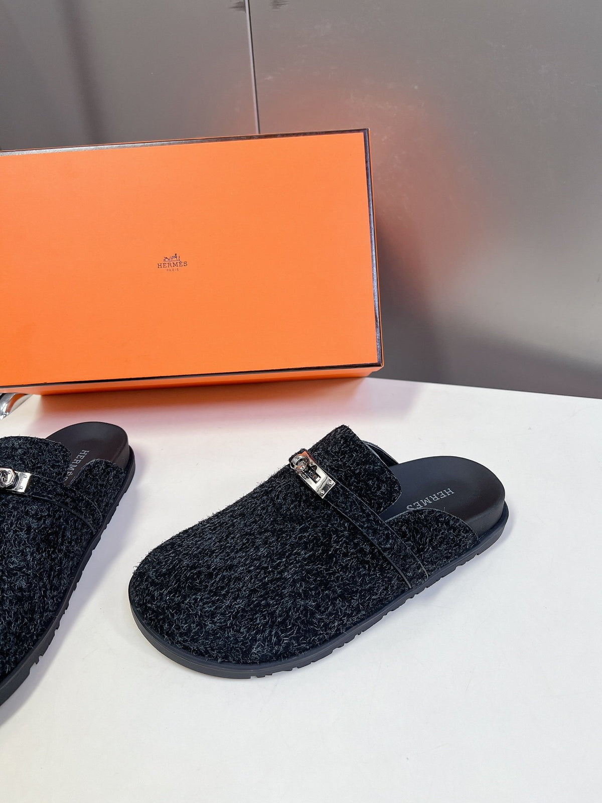 Hermes Women Black Fuzzy Fabric Mules