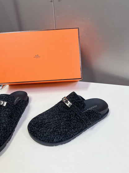 Hermes Women Black Fuzzy Fabric Mules