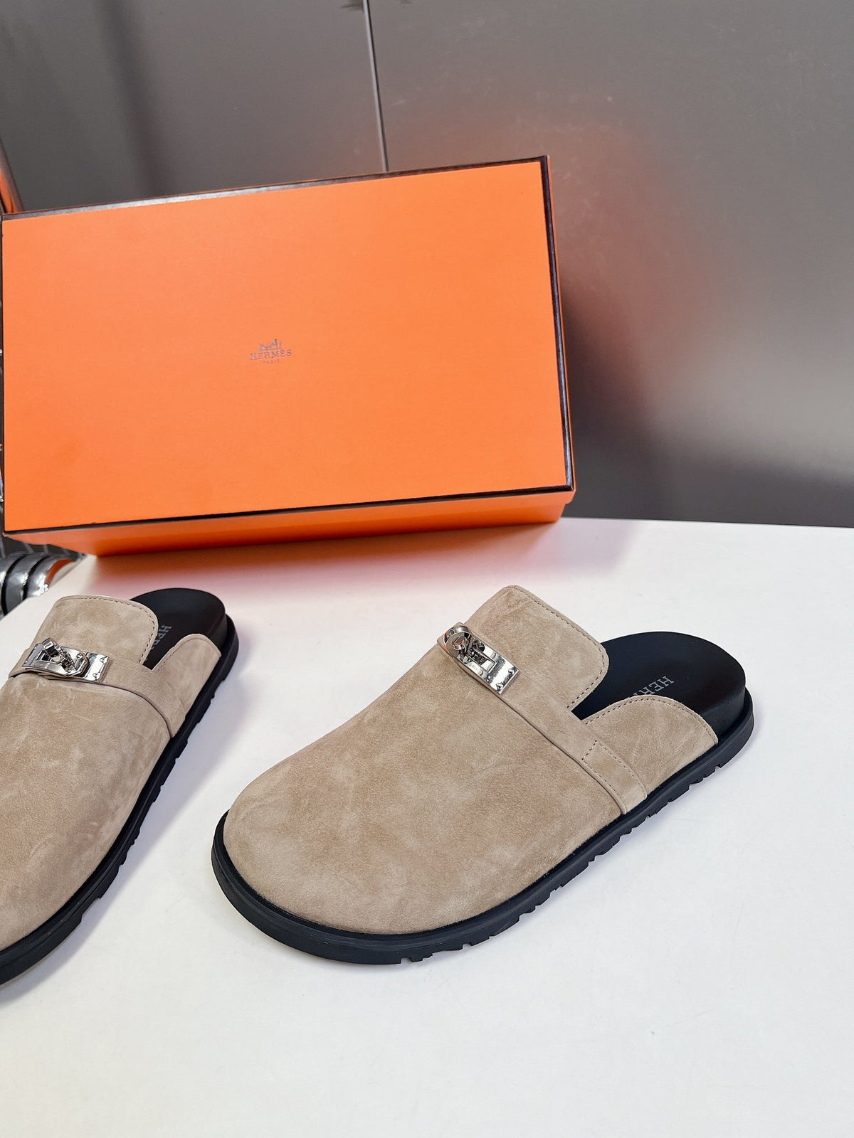 Hermes Women Beige Suede Mules