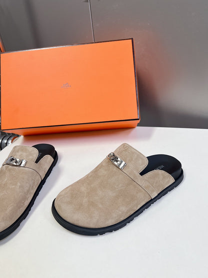 Hermes Women Beige Suede Mules