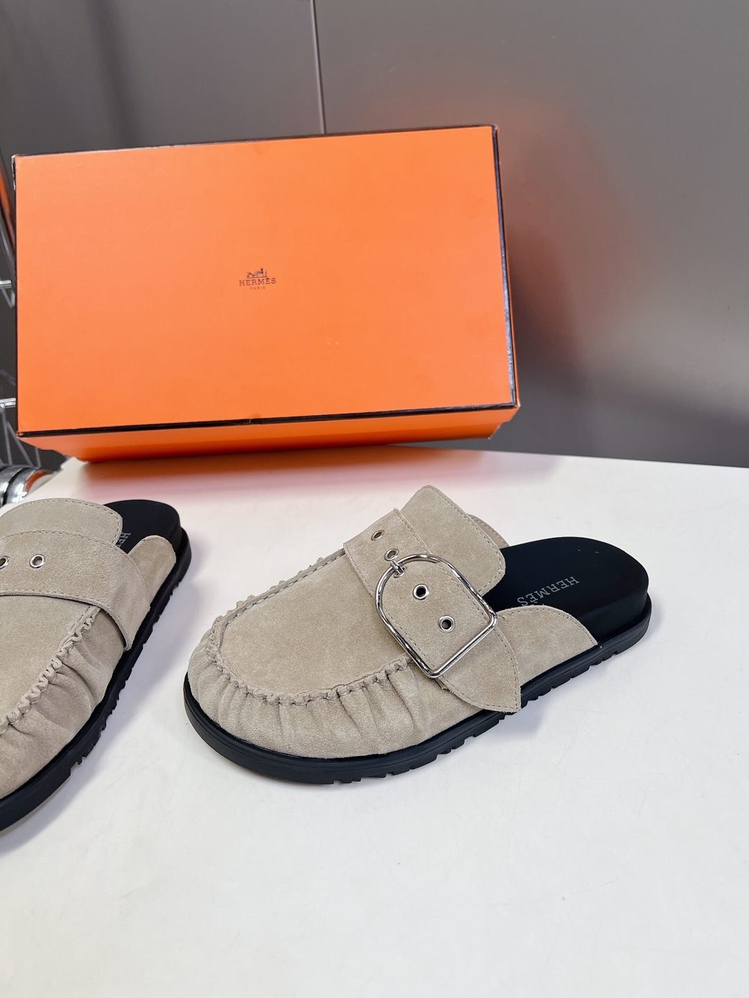 Hermes Women Beige Suede Buckle Mules