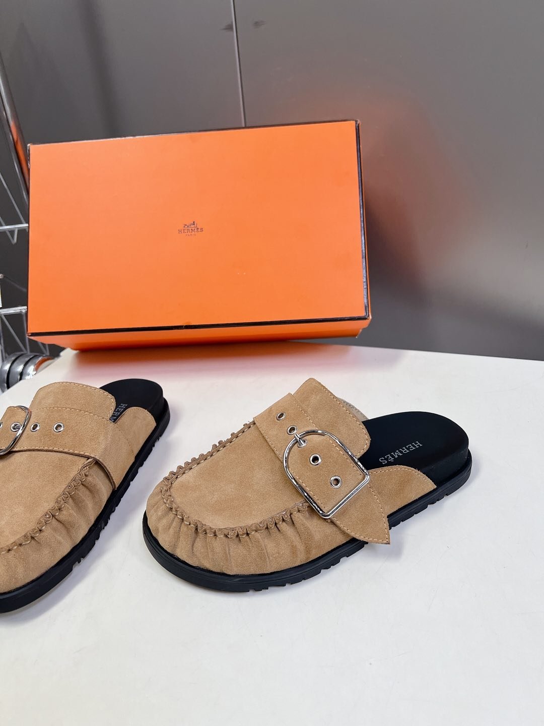 Hermes Women Beige Suede Buckle Mules