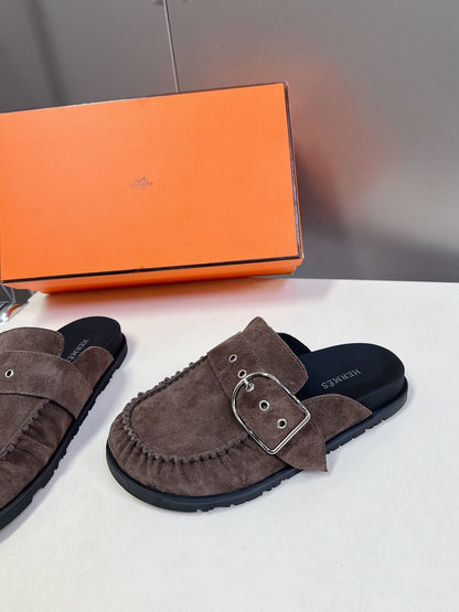 Hermes Women Brown Suede Buckle Mules