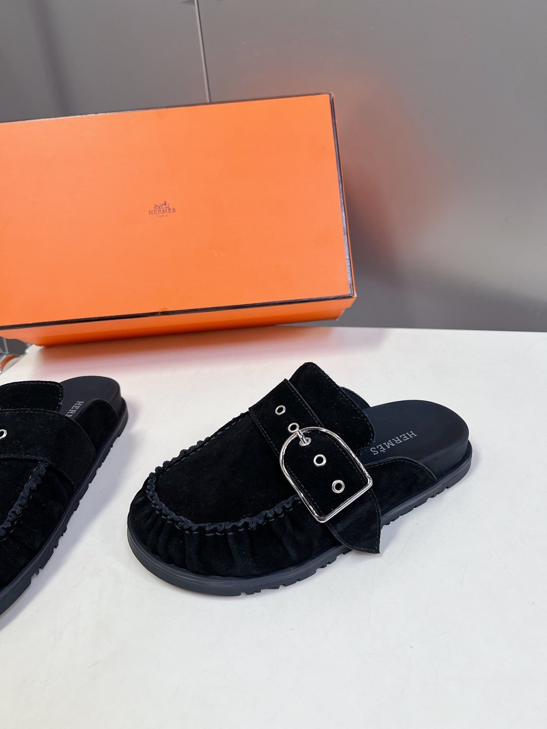 Hermes Women Black Suede Buckle Mules