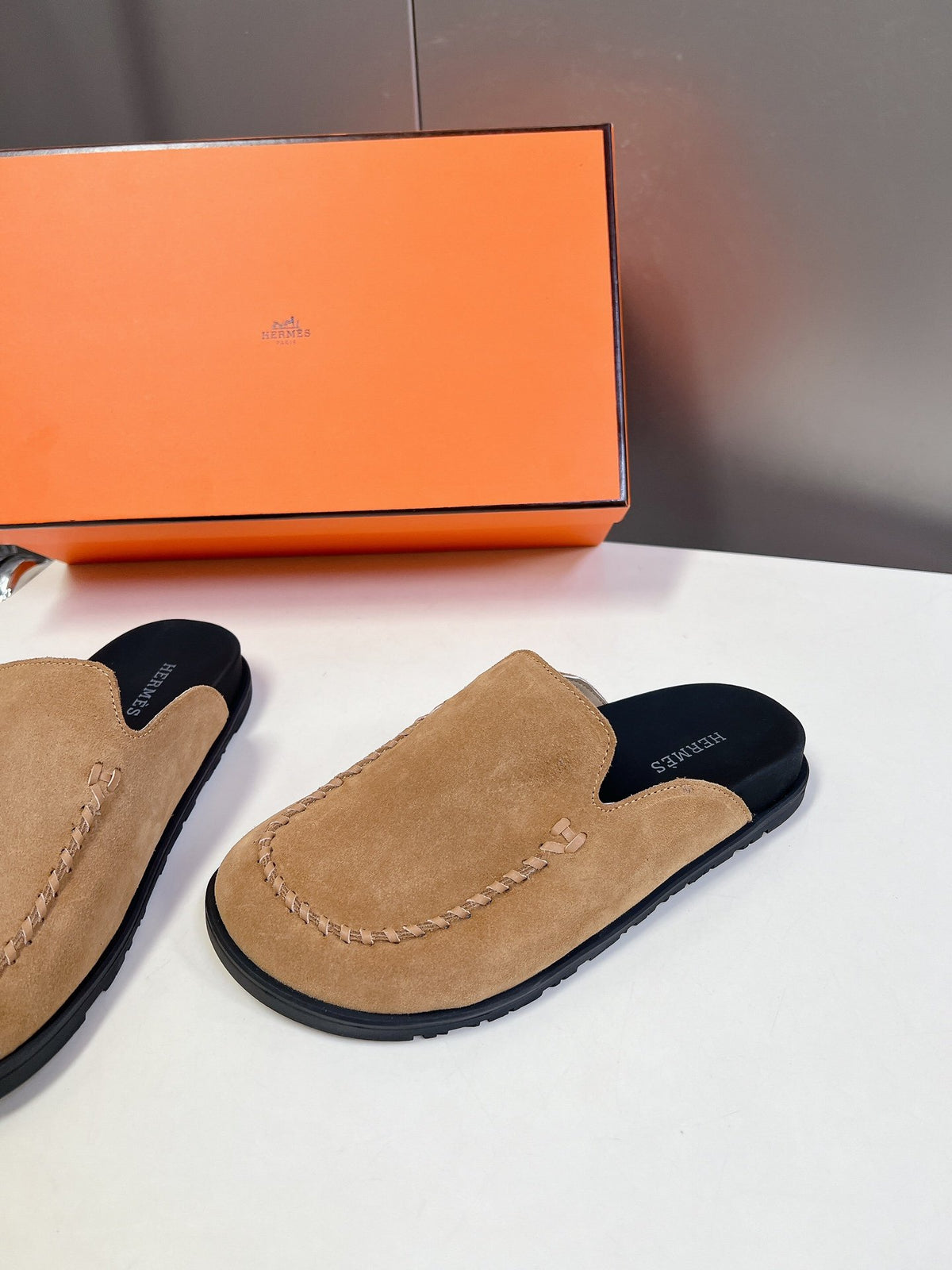 Hermes Women Tan Suede Slip On Mules